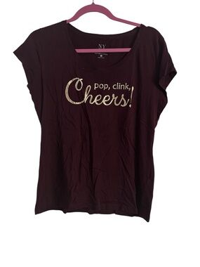 New York & Company Burgundy Tee with Metallic Gold 'Cheers' Graphic Size L